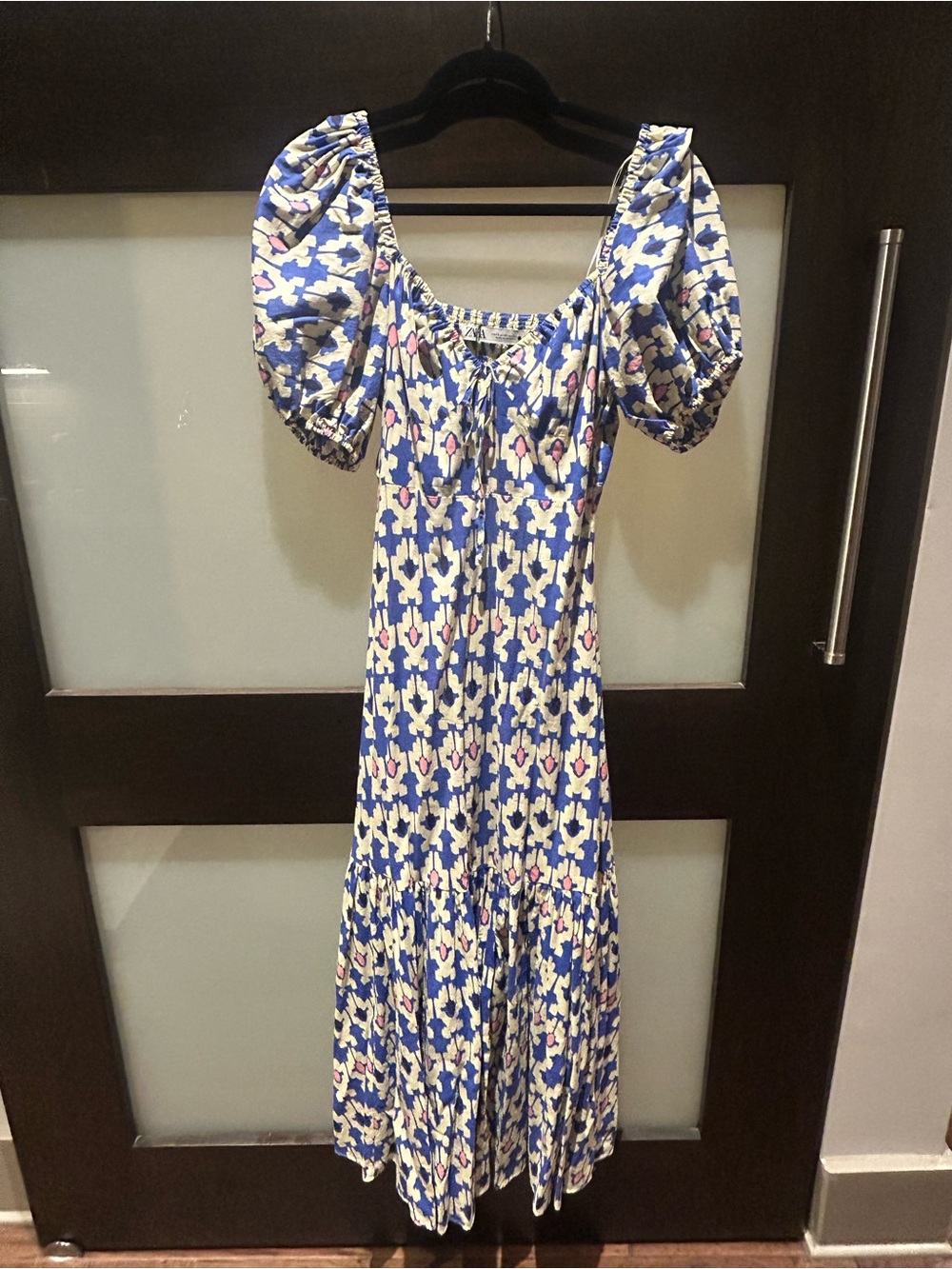 Zara Blue and White  Puff-Sleeve Maxi Dress